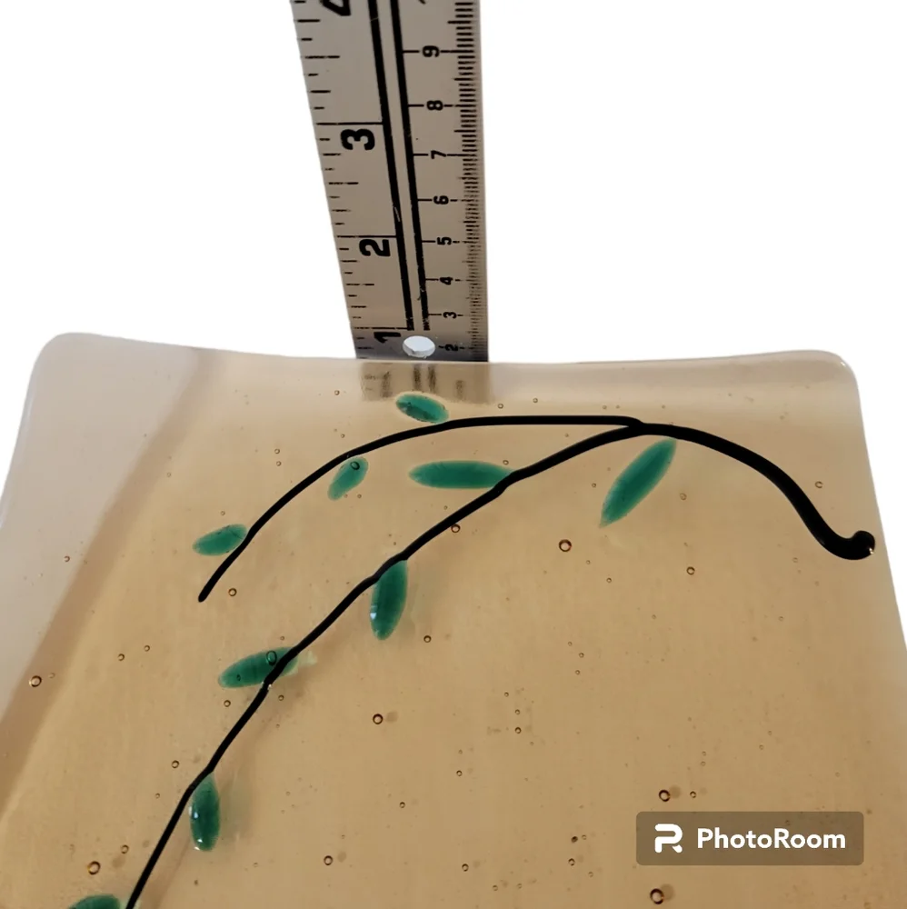 Fused Glass Tray Bubbles Peach Green Vine Accents